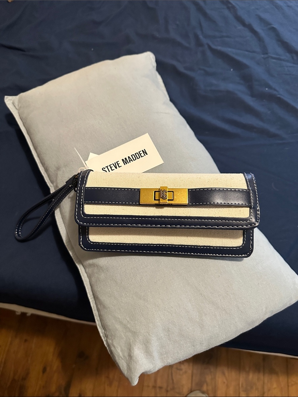 Steve Madden Navy & Cream Canvas Wristlet with Gold Turn-Lock